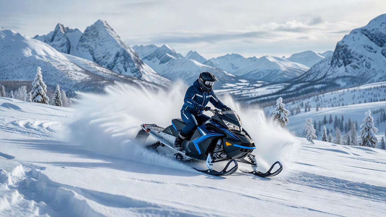 Moderne snøscooter i aktiv bevegelse gjennom et snødekket norsk fjellandskap