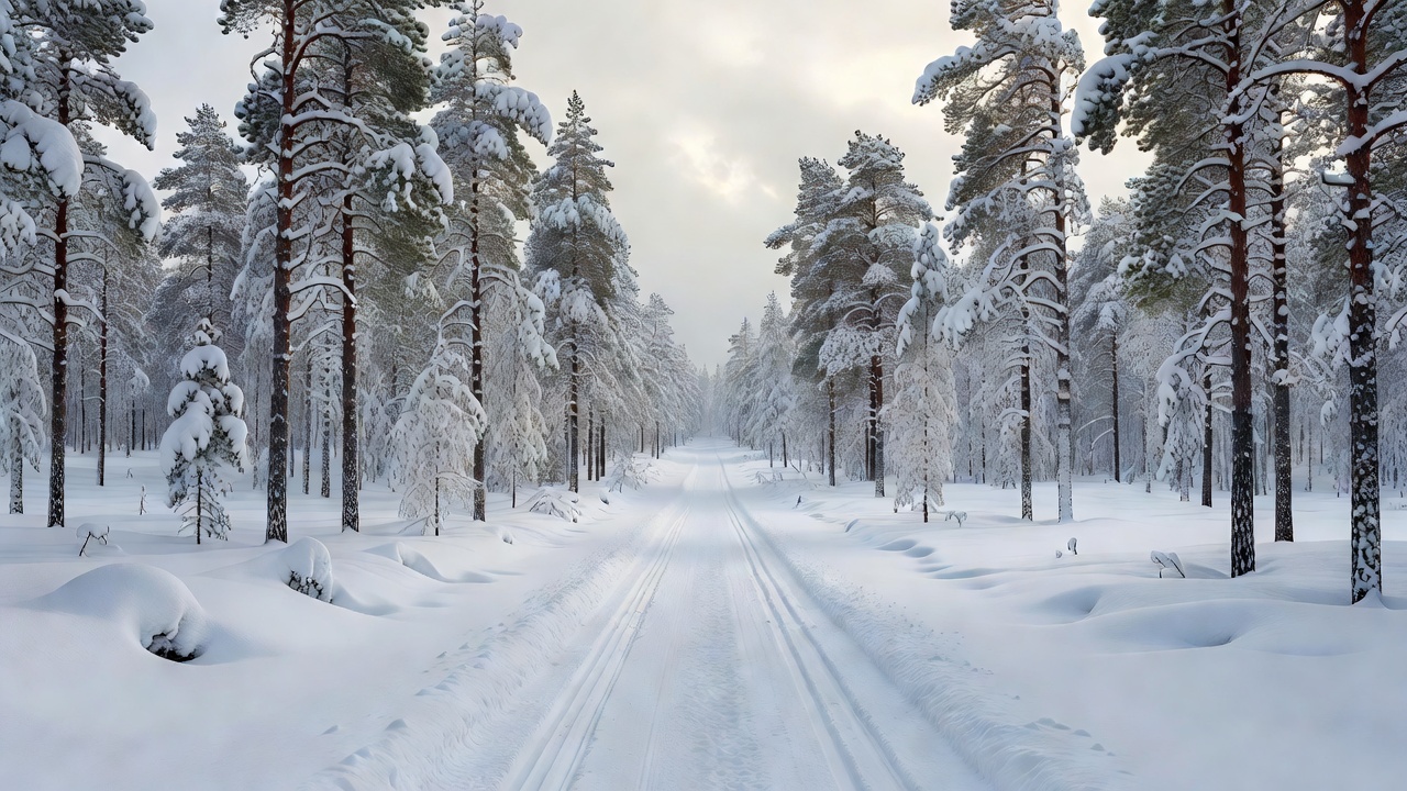 Snødekket landskap og furuskog langs preparert vintertrasé