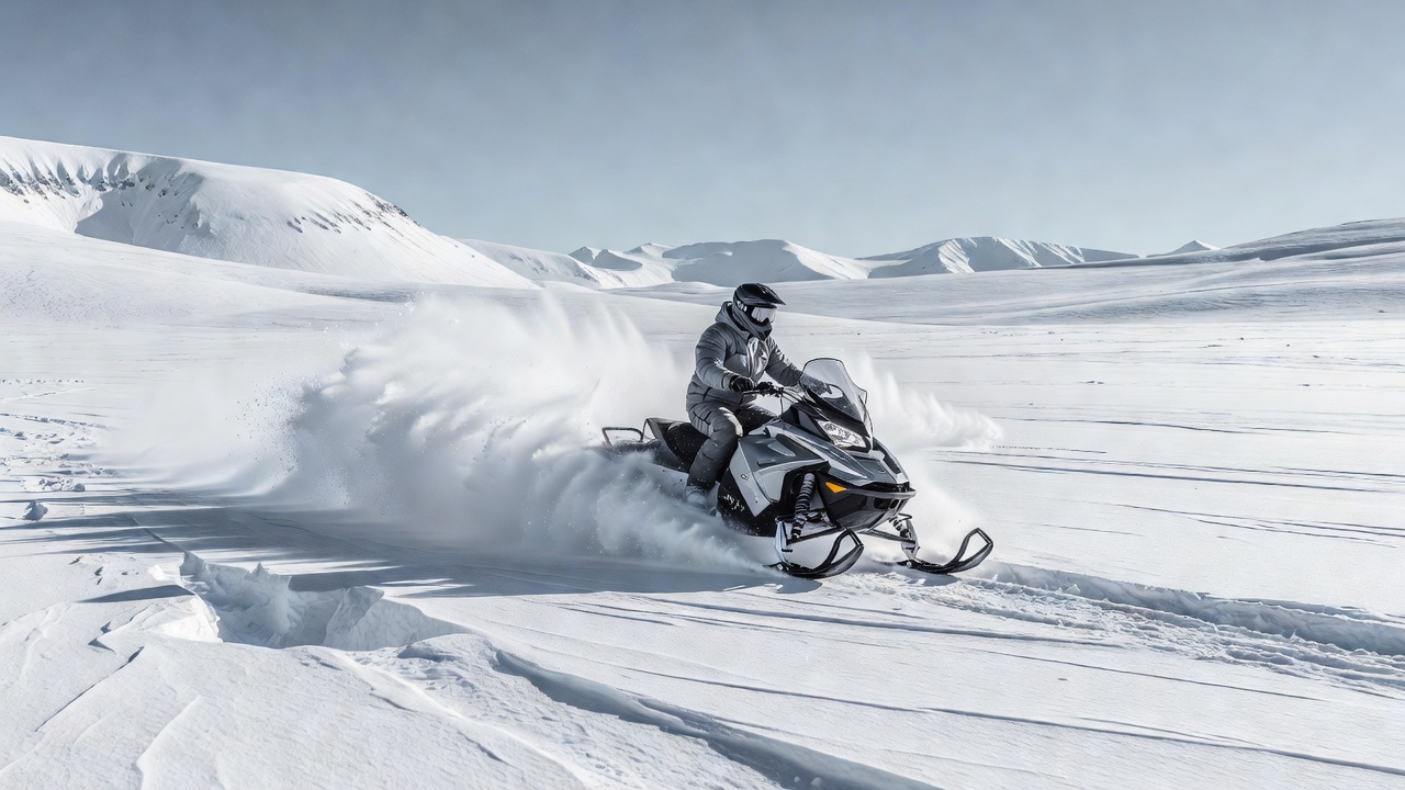 Snøscooter i aksjon over åpent hvitt vinterfjell