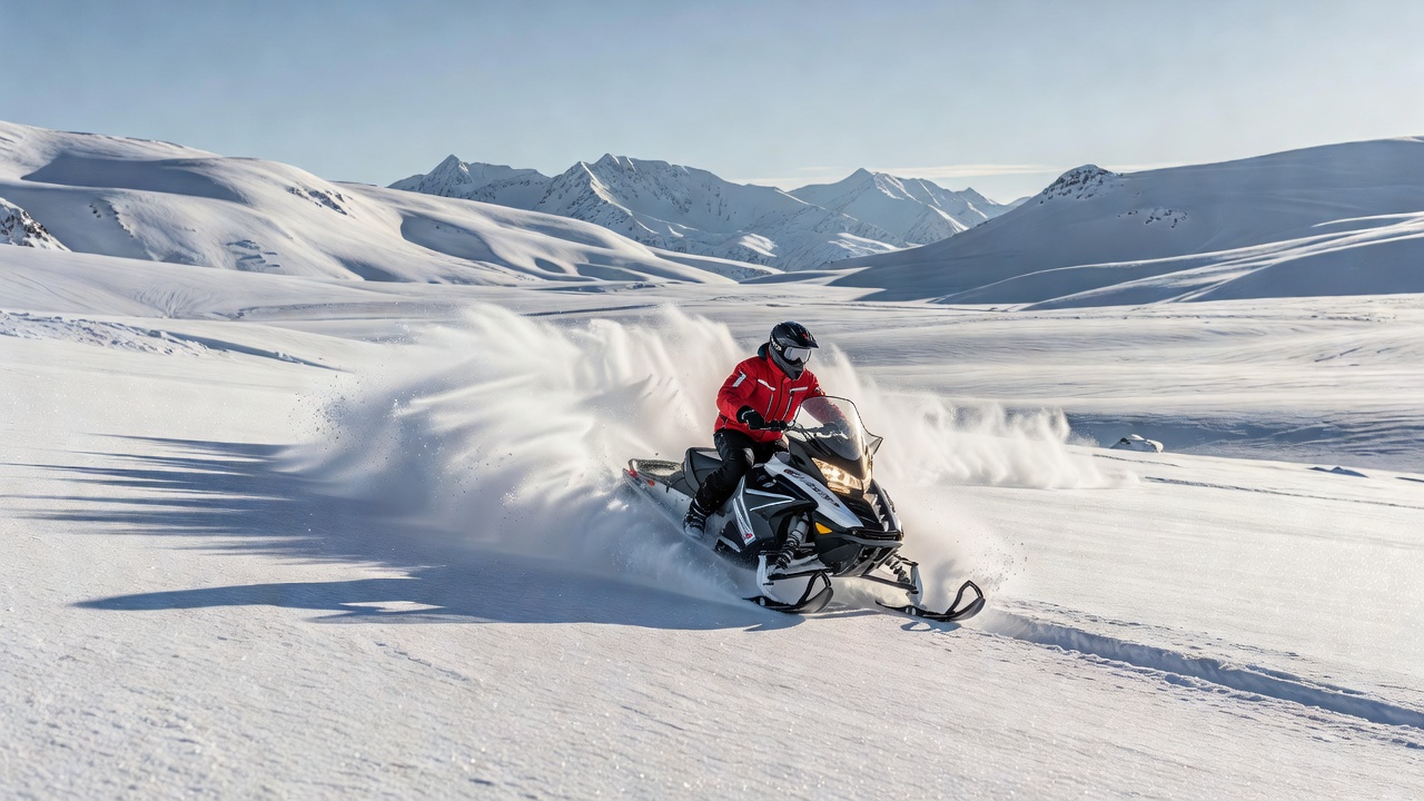 Snøscooter i dyp puddersnø i åpent fjellterreng