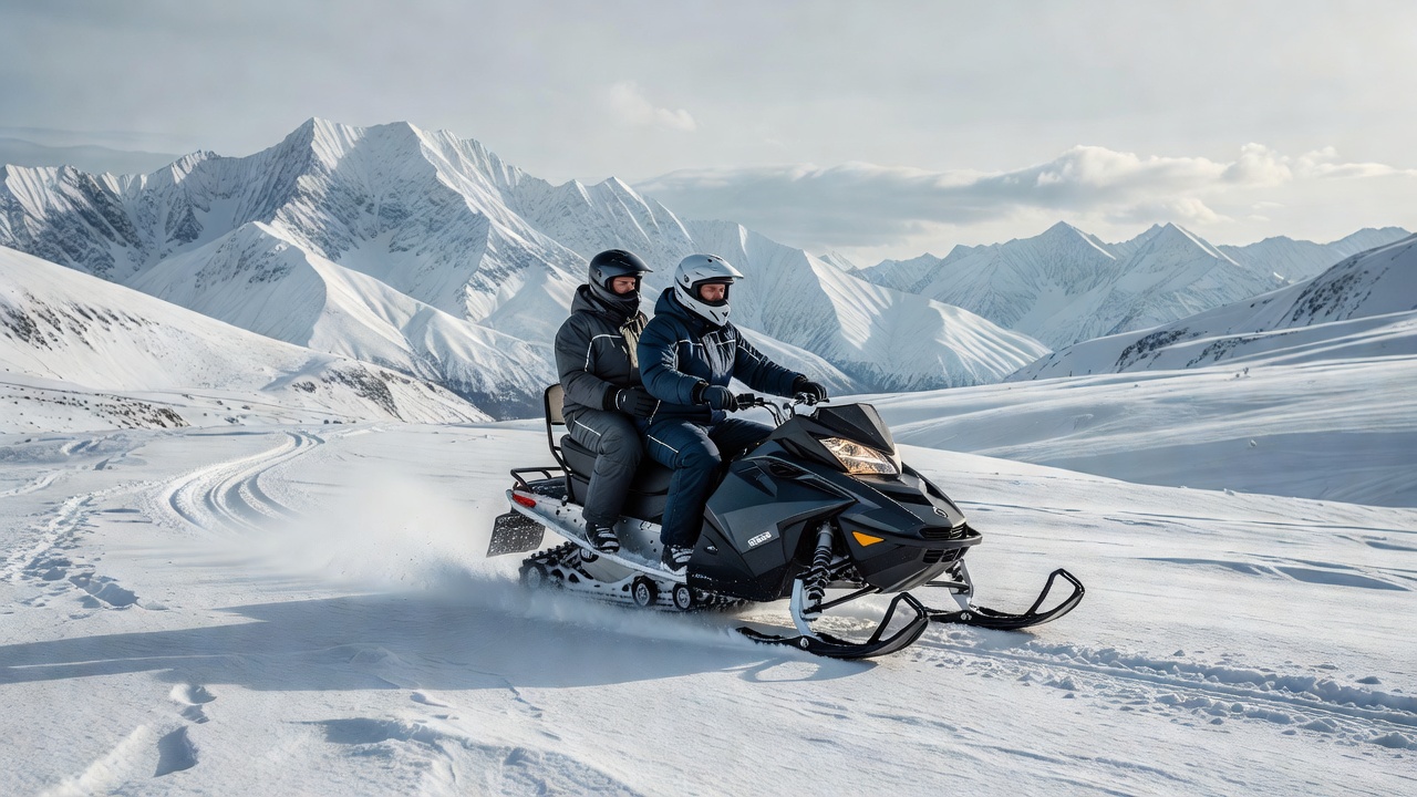 To personer på tursnøscooter under en langtur i vinterfjellet